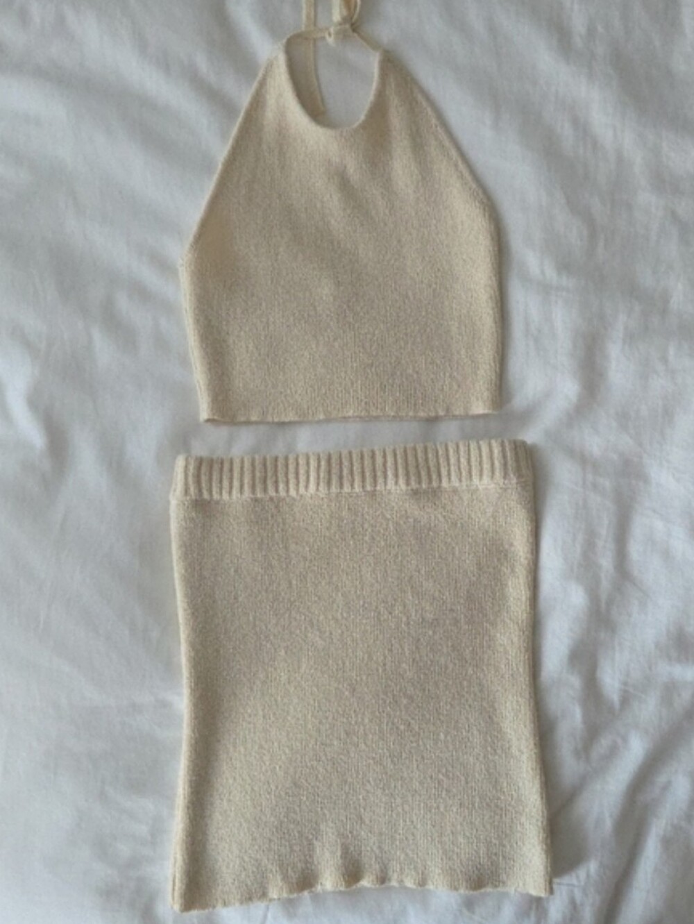 Cream Knit Halter Crop Top & Skirt Set - Women